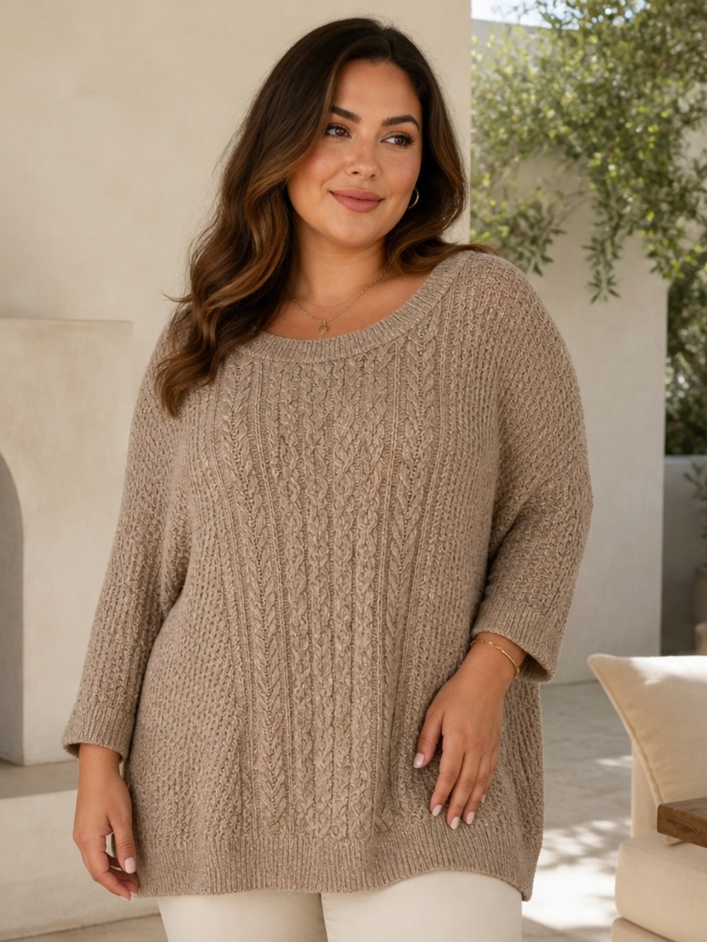 Lands End Women’s 3X Knit Sweater Cable Knit Beige Tan 3/4 Sleeve Neutral